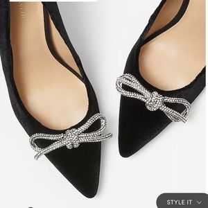 Crystal bow suede pumps